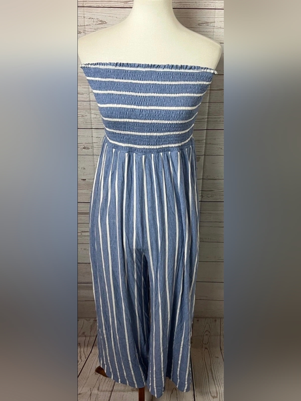 Hem & Thread Blue and White Strapless Striped Jumpsuit